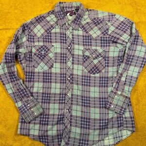 Western Trails Plaid Flannel Snap Button Shirt Men's XL blue Long Sleeve